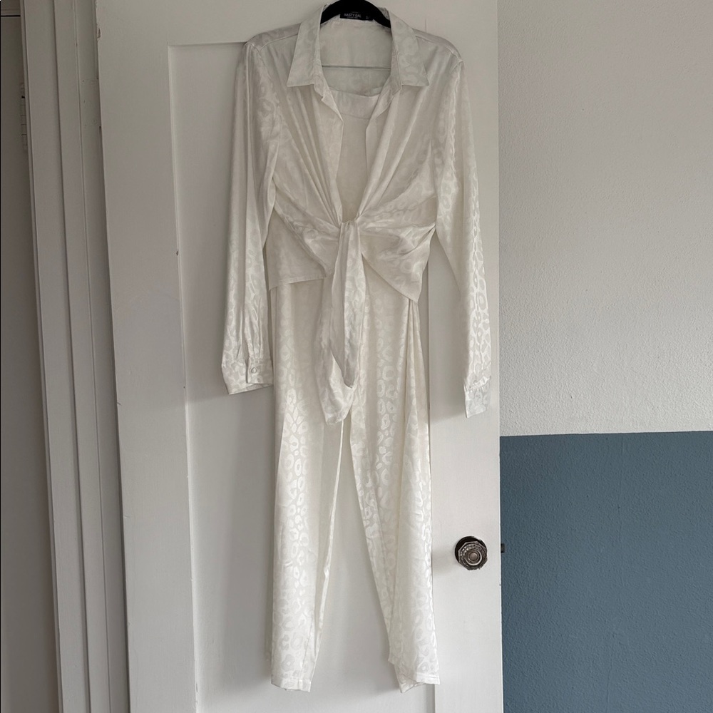 Satin Cheetah White Tie-Front Jumpsuit